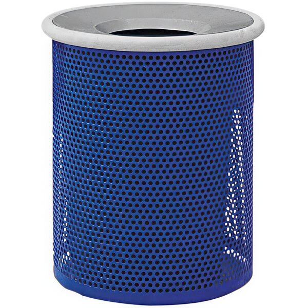 A blue Wausau Tile round steel trash receptacle with an aluminum funnel lid.