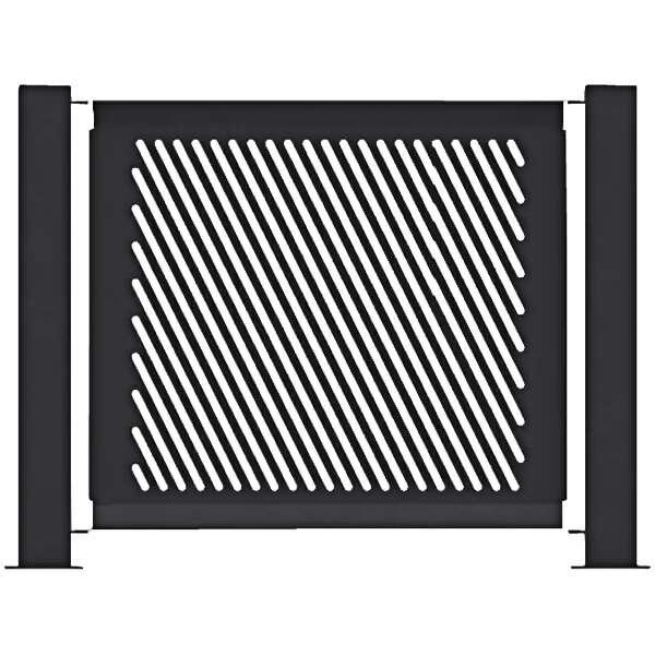 A black rectangular aluminum fence panel with a white slant design.