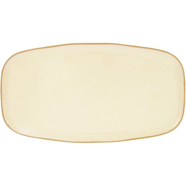 A white rectangular melamine plate with a brown rim.