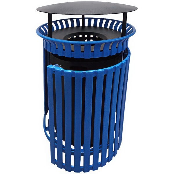 A blue Wausau Tile round steel trash receptacle with a black aluminum funnel lid.