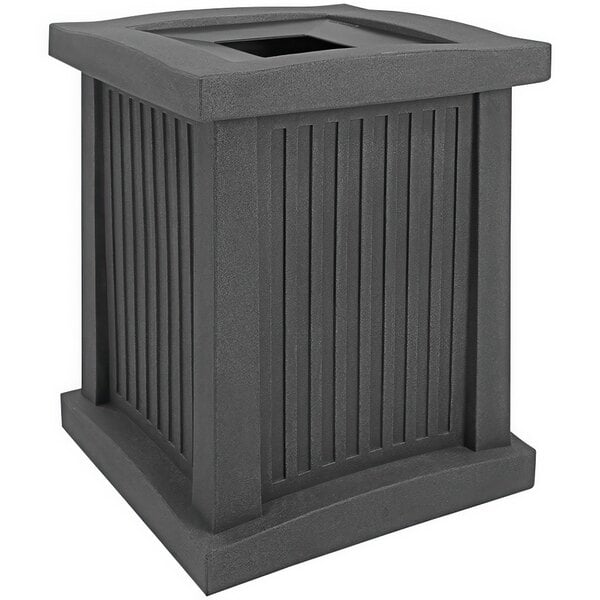 A black square Wausau Tile trash receptacle with an aluminum lid.