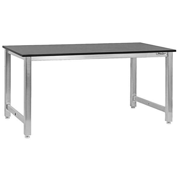 A black and silver BenchPro Kennedy workbench with a phenolic resin top and stainless steel frame.