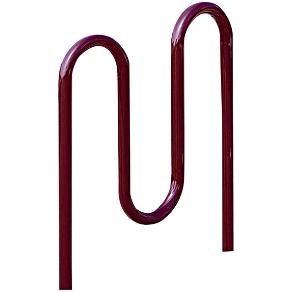 A red Wausau Tile metal bike rack with three curved loops.