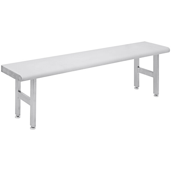 A white rectangular stainless steel BenchPro gowning bench with metal legs.