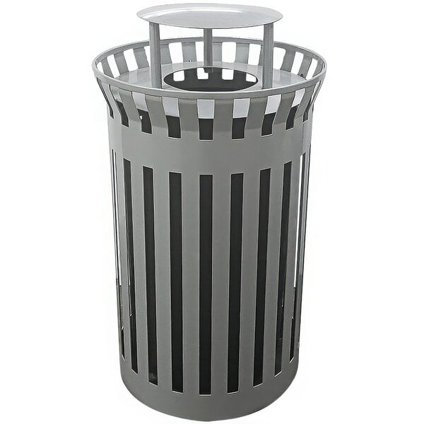 A grey Wausau Tile steel round trash receptacle with a funnel lid and rain hood.