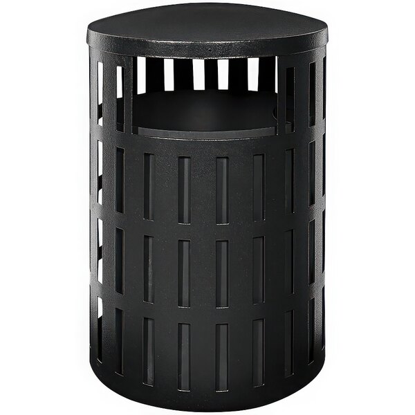 A black Wausau Tile steel round trash receptacle with a steel lift-off lid.