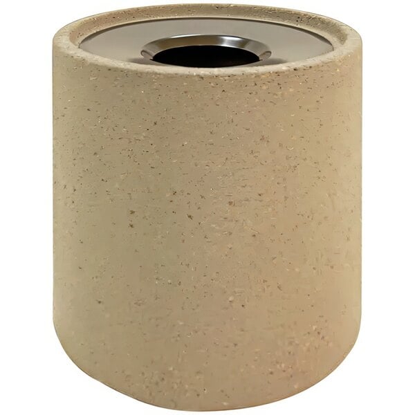 A round stone Wausau Tile decorative outdoor waste receptacle with an aluminum funnel lid.