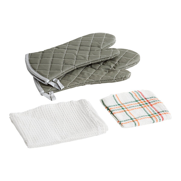 Choice 15 Flame Retardant Oven Mitts and Waffle-Weave Kitchen Towel and  Dish Cloth Kit