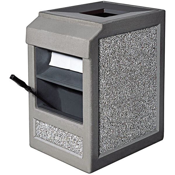 A gray rectangular Wausau Tile concrete trash receptacle with a black windshield washing station.