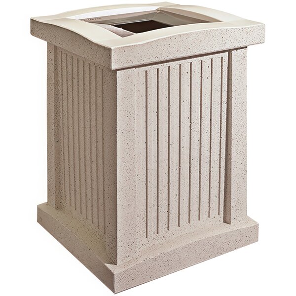 A white rectangular Wausau Tile trash receptacle with a square lid opening.