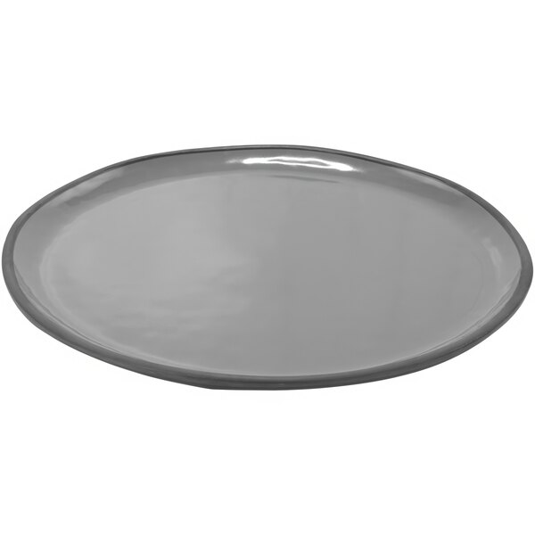 A close-up of a grey Dalebrook by BauscherHepp melamine plate with a rim.