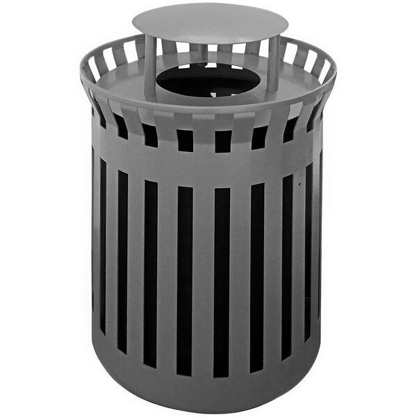 A gray round steel trash receptacle with an aluminum funnel lid and rain hood.