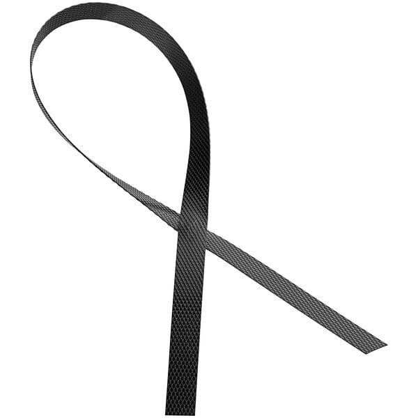 A black polypropylene strapping coil with a white background.