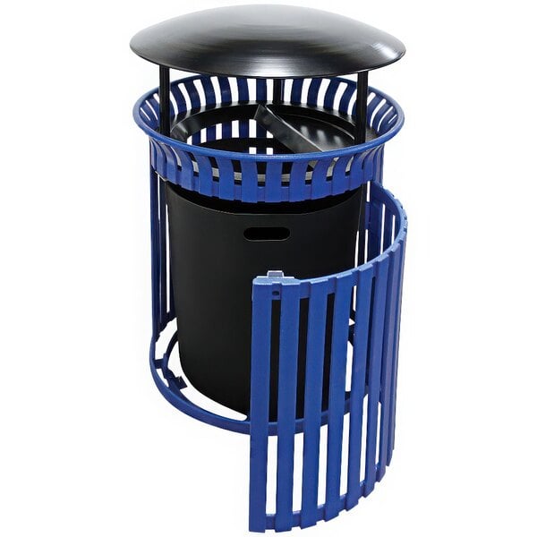 A blue Wausau Tile trash can with a black ash and trash lid.