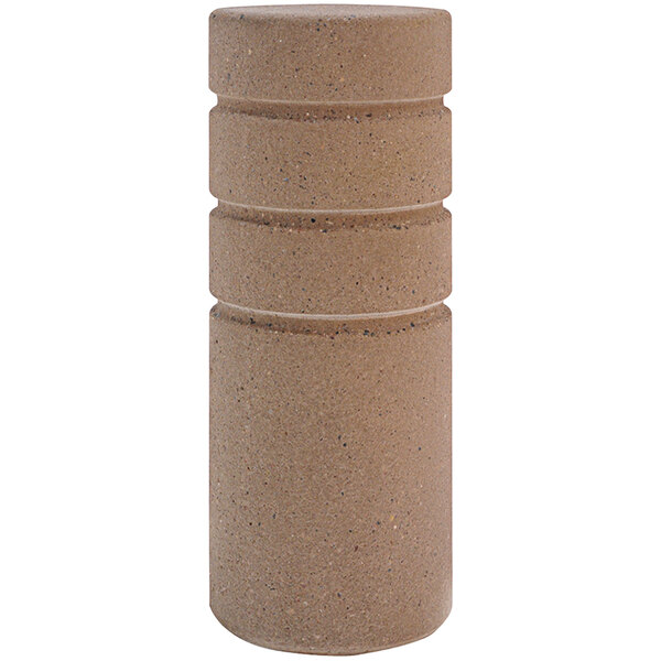 A brown cylindrical Wausau Tile concrete bollard with 3 reveal lines.