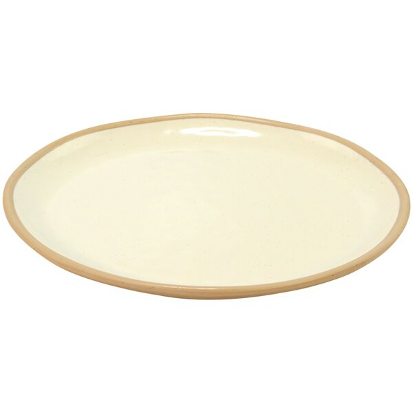 A white Dalebrook melamine plate with a tan rim.