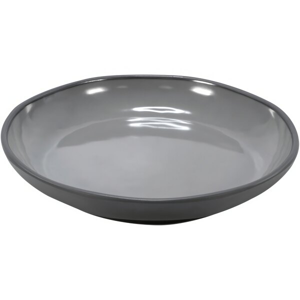 A grey bowl with a white rim.