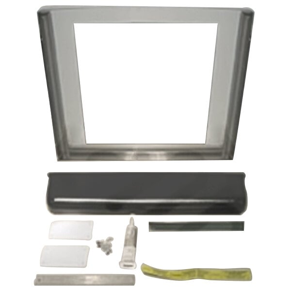 A white plastic frame with various tools and accessories for mounting a Cornelius ice machine on a counter.