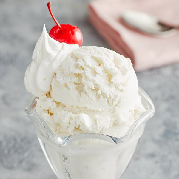 A glass cup with a scoop of white ice cream and a cherry on top.