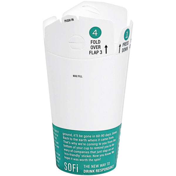 A white SOFi paper cold cup with a green lid and black text.