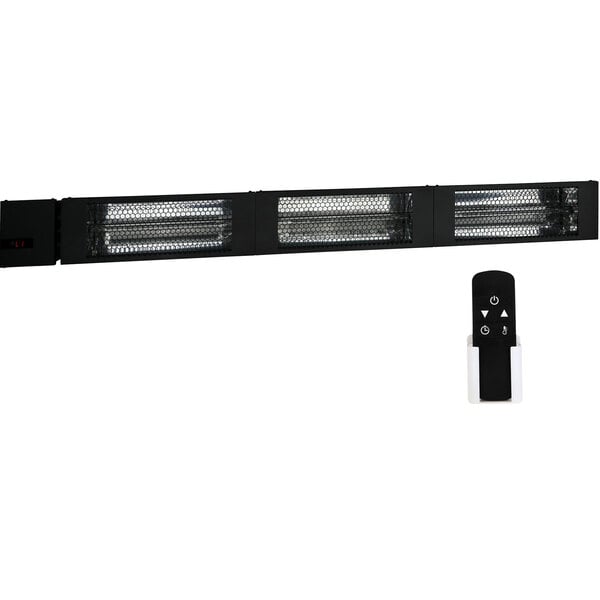 A black remote control for a King Electric Smart Wave Triple Carbon Fiber Radiant Heater.