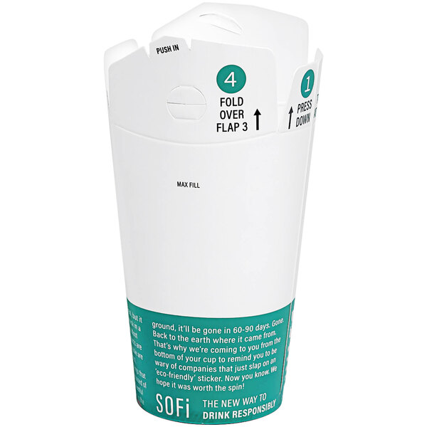 A SOFi white paper cold cup with a green lid.