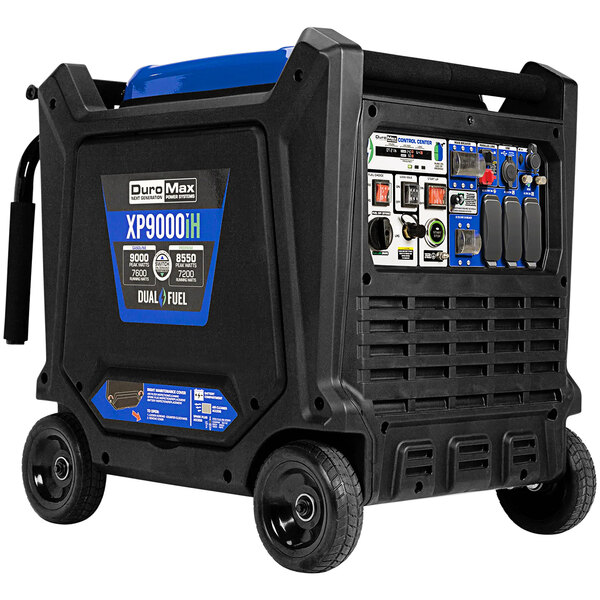 A black and blue DuroMax portable power generator with wheels.