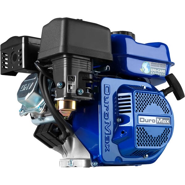 A close up of a blue and black DuroMax gasoline engine.