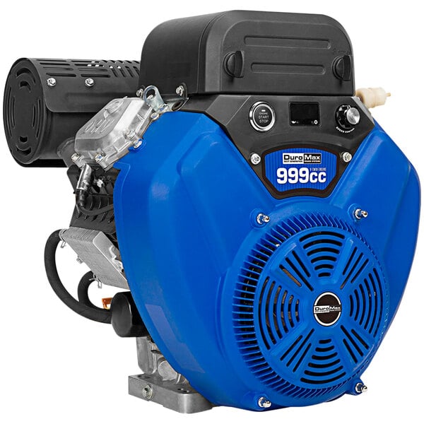 A blue and black DuroMax V-Twin gasoline engine.