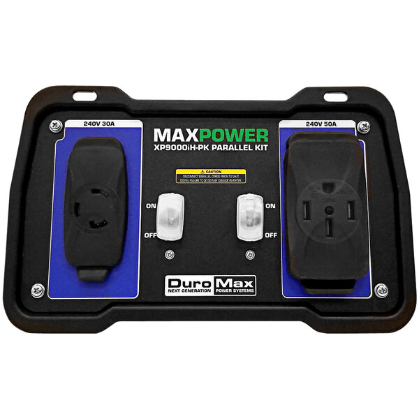 A close-up of a DuroMax black and blue power strip with a black outlet on a table.