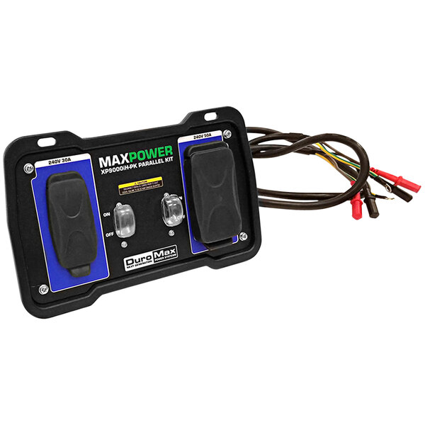 A black panel for the DuroMax XP9000IH-PK Inverter Parallel Kit with two blue switches.