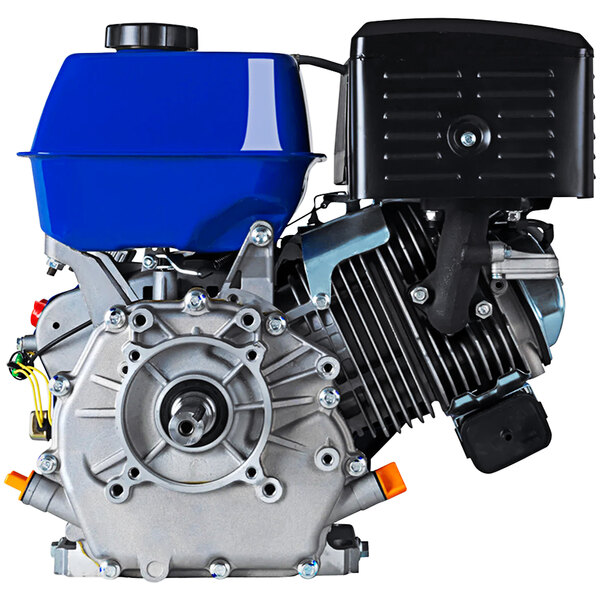 A blue and black DuroMax gasoline engine with a 1" shaft.