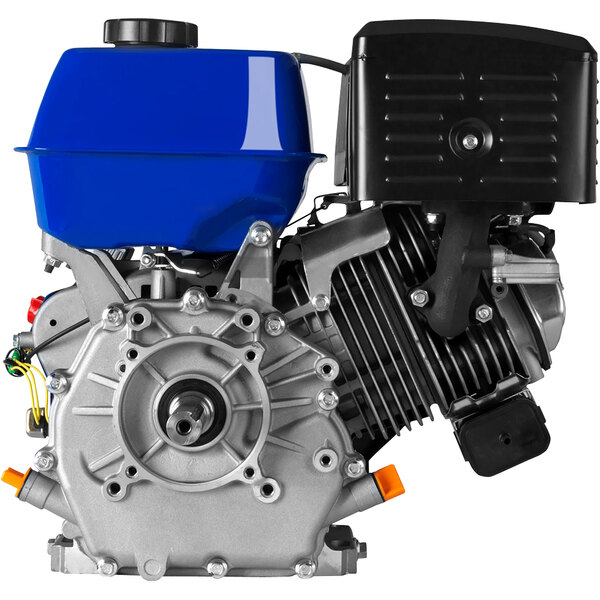 A blue and black DuroMax gasoline engine with a 1" shaft.