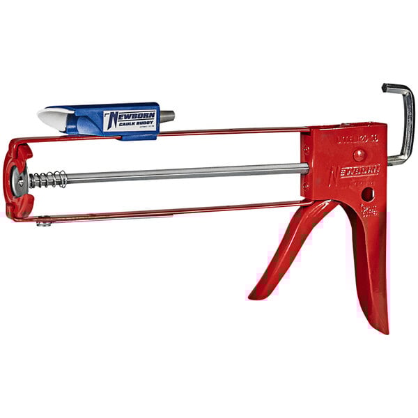 A red caulk gun with a blue and silver handle.