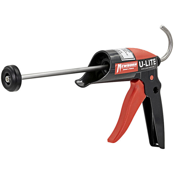 A close-up of a Newborn U-Lite smooth rod caulk gun with a black and red handle.