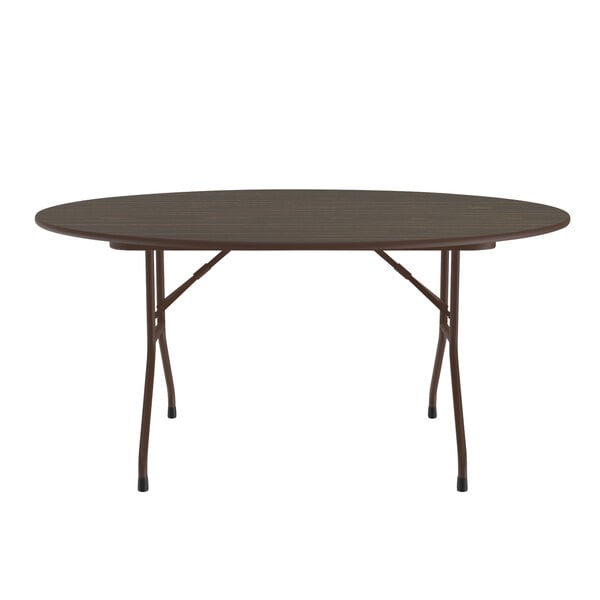 A Correll round folding table with a walnut top and legs.