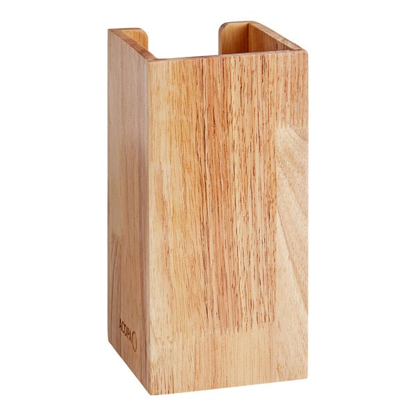 An Acopa wood cup and lid organizer on a table.