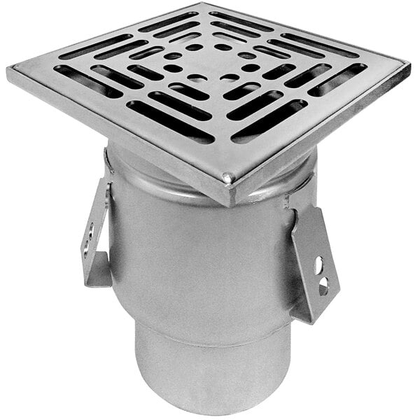 A Josam stainless steel floor drain with a stainless steel grate covering.