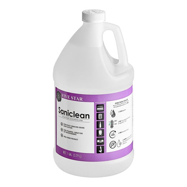 A white jug of Five Star Chemicals Saniclean Low-Foaming Brewery Acid Anionic Final Rinse with a purple label.