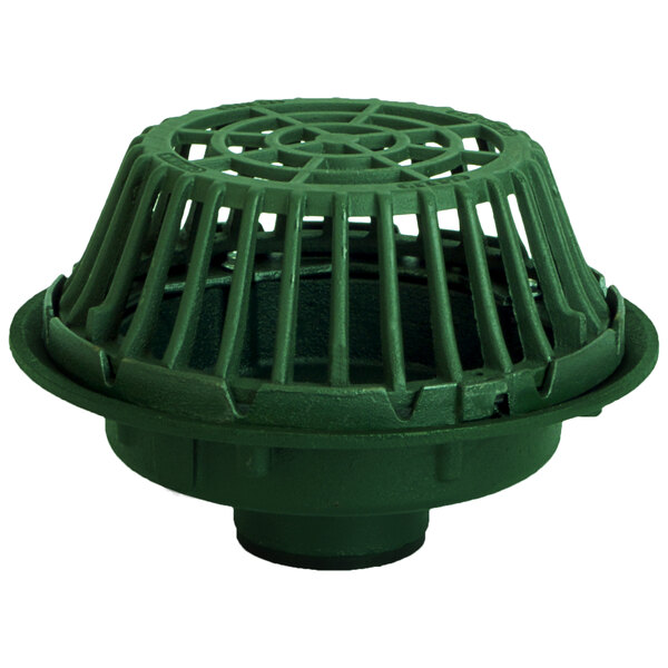 A green plastic Josam roof drain cover with a hole in it.