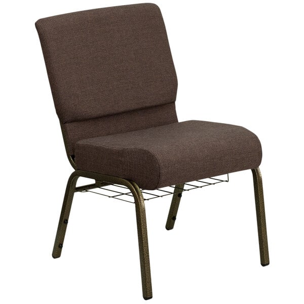 A brown church chair with metal legs.