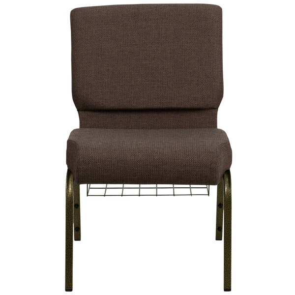 A brown Flash Furniture church chair with metal legs.