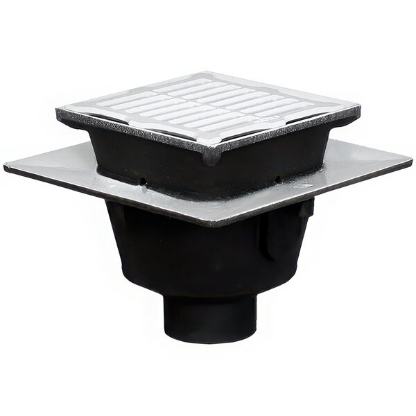 A black Josam square cast iron floor sink with a white square cast iron grate.