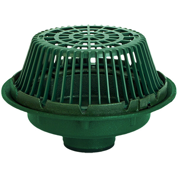 A green polypropylene Josam roof drain grate with a hole in it.