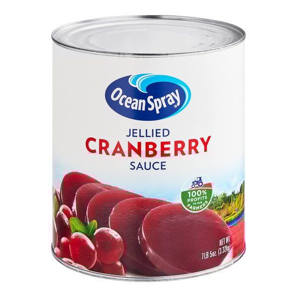 A can of Ocean Spray jellied cranberry sauce with a label.