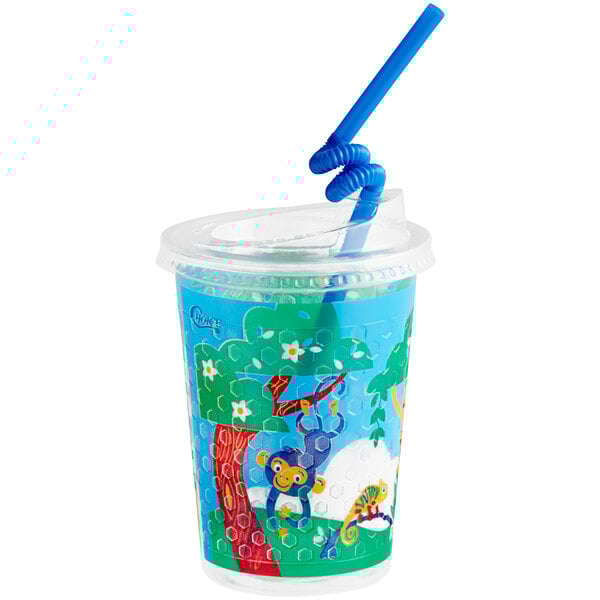 A plastic Choice Jungle print kid's cup with a blue lid and straw with animals on it.