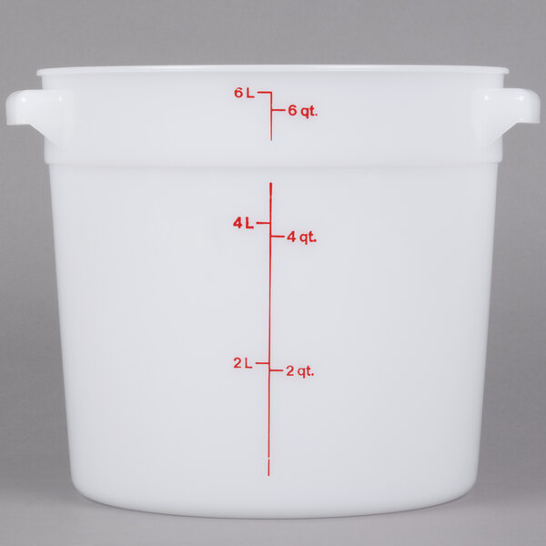 A white Cambro round plastic food storage container with measurements in red.