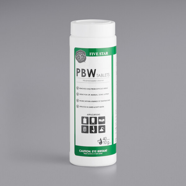 A white bottle of Five Star Chemicals PBW brewery cleaning tablets with a green label.