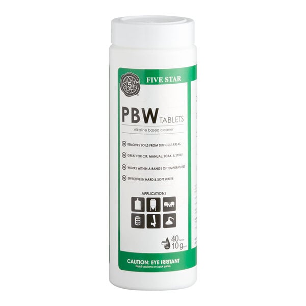 A container of Five Star PBW non-caustic brewery cleaning tablets, 40 count.