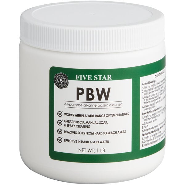 A white container of Five Star PBW Non-Caustic Brewery Cleaning Powder with a green label.